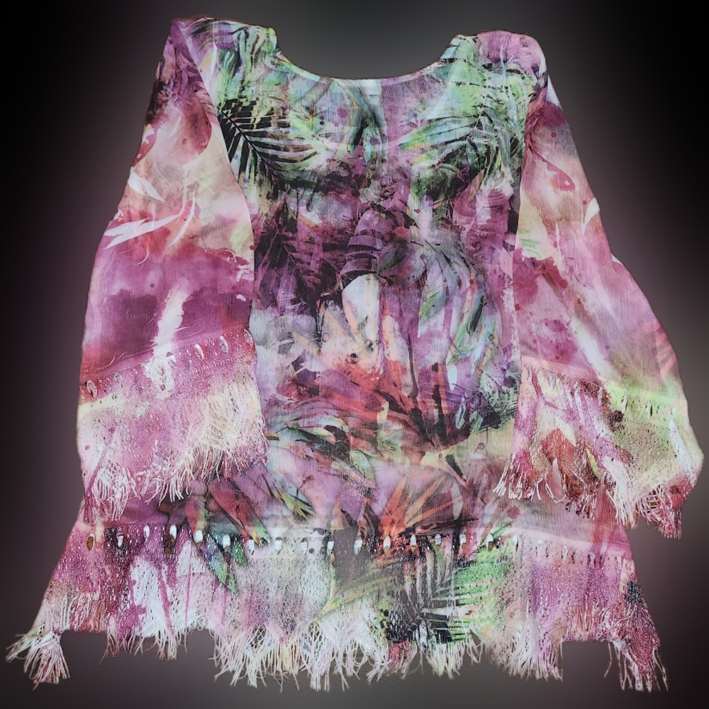 Womens Tunic Top~MUSHKA BY SIENNA ROSE~Fuschia/Green/Black~Silky~Sheer~Boho~M